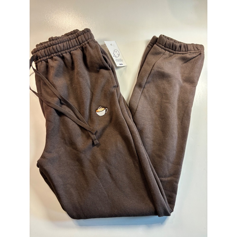 Dalix Coffee Cup Embroidered Sweatpants Brown Fleece Joggers Womens Small NWT